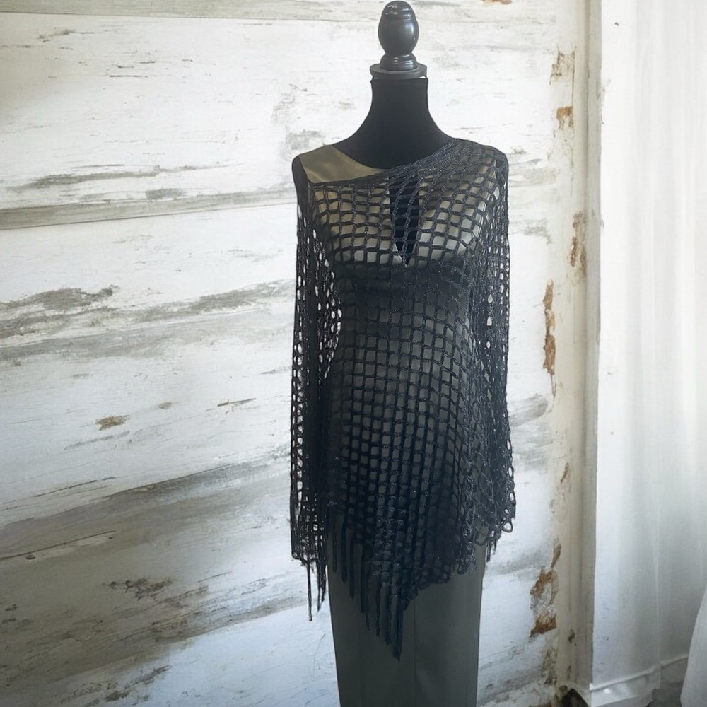 Open Weave Bathing Suit Cover Up / Shawl / Poncho. Metallic Black. New!